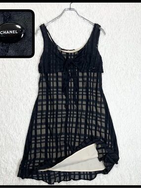 CHANEL Black Sheer Plaid Sleeveless Tunic with Tie Neck
